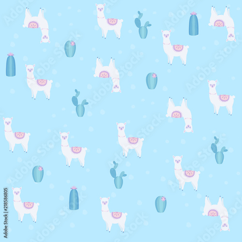 Llama or alpaca with cactus seamless pattern background vector illustration. Llama animal poster design. Llama art print. Wallpaper, fabric, textile, wrapping paper design