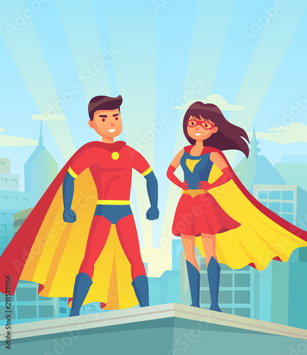 Super heroes. Comic couple superhero, cartoon man and woman in red cloaks on roof of city. Justice vector concept