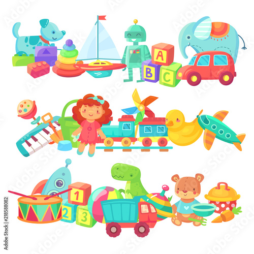 Toy piles. Kids toys groups. Cartoon baby doll and train, ball and cars, boat isolated children vector set