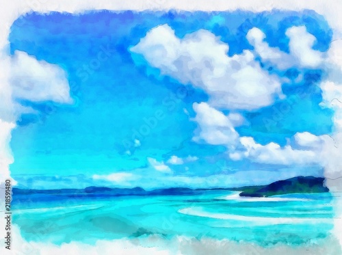 Oil painting. Art print for wall decor. Acrylic artwork. Big size poster. Watercolor drawing. Modern style fine art. Beautiful  tropical exotic landscape. Paradise. Resort view. Blue ocean.  © Pavel