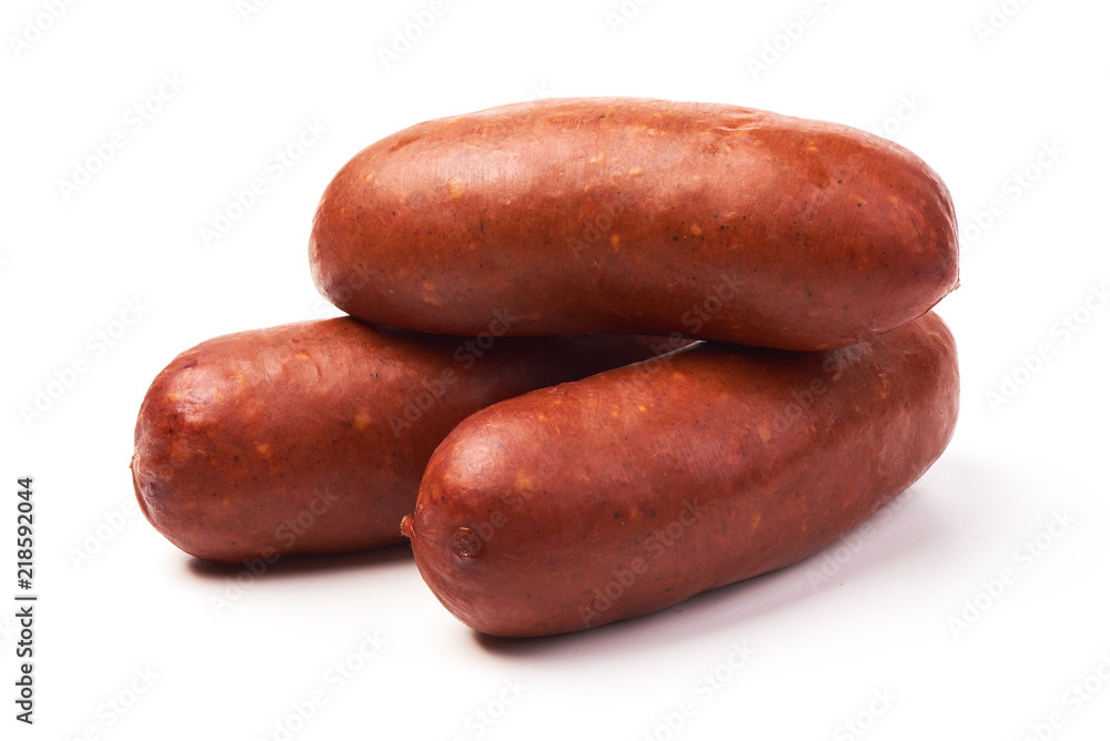 Smoked sausages, isolated on white background. Bratwurst. Smoked sausages, isolated on white background. Bratwurst.