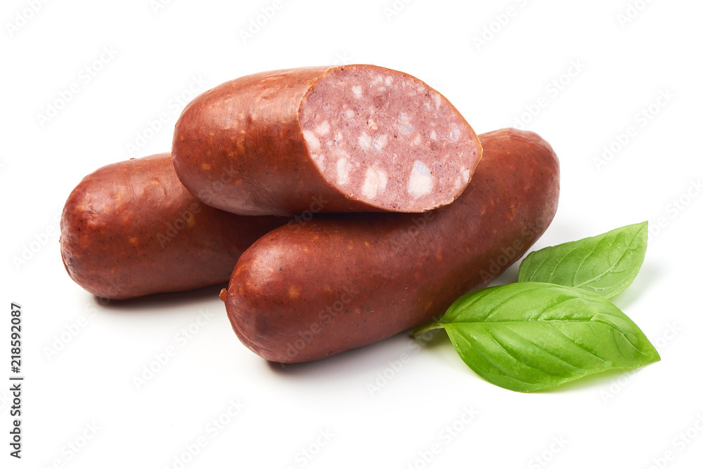Smoked sausages for grill with basil herb, isolated on white background. Smoked sausages for grill with basil herb, isolated on white background.