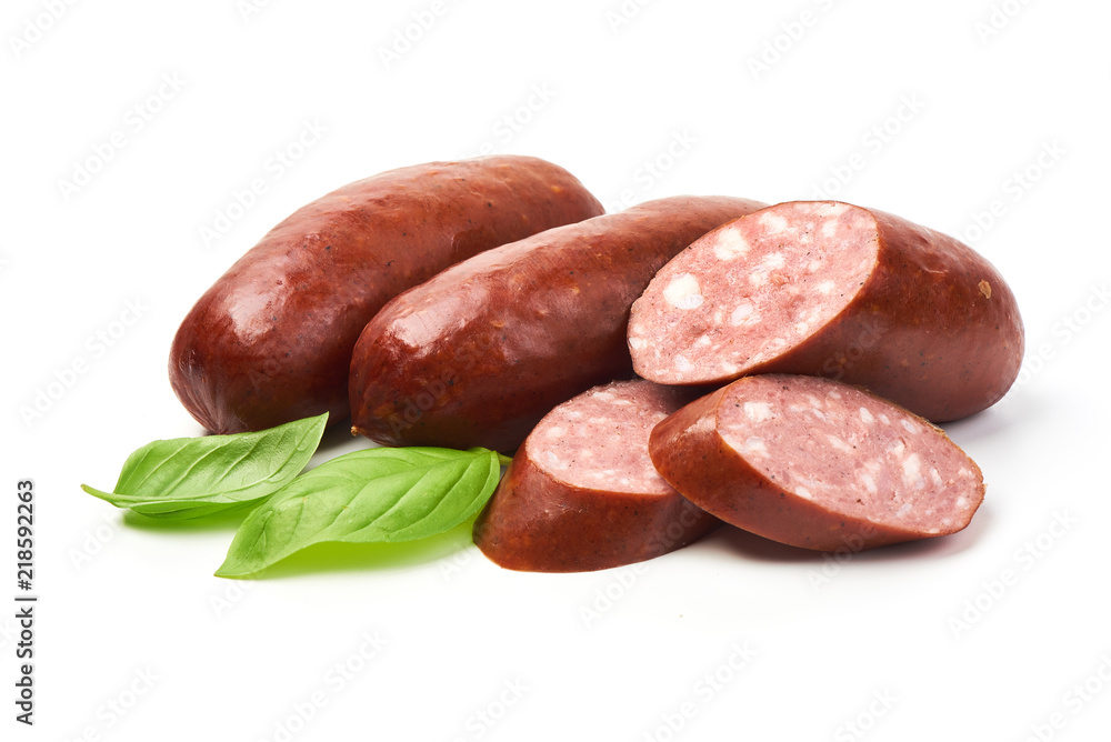 Smoked sausages for grill with basil herb, isolated on white background. Smoked sausages for grill with basil herb, isolated on white background.