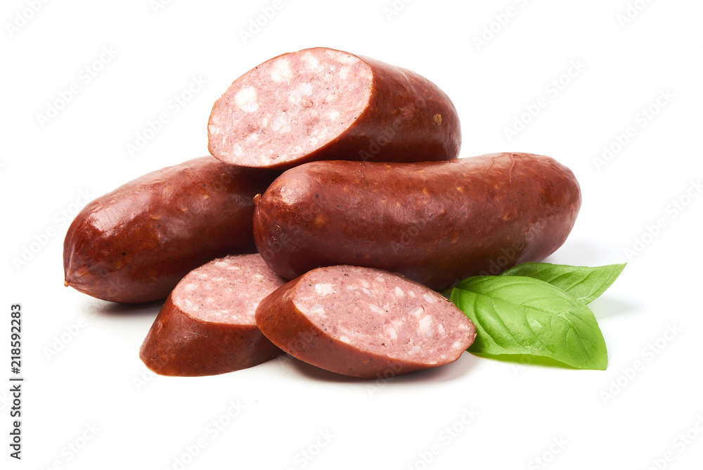 Grill sausages with basil herb, isolated on white background. Grill sausages with basil herb, isolated on white background.