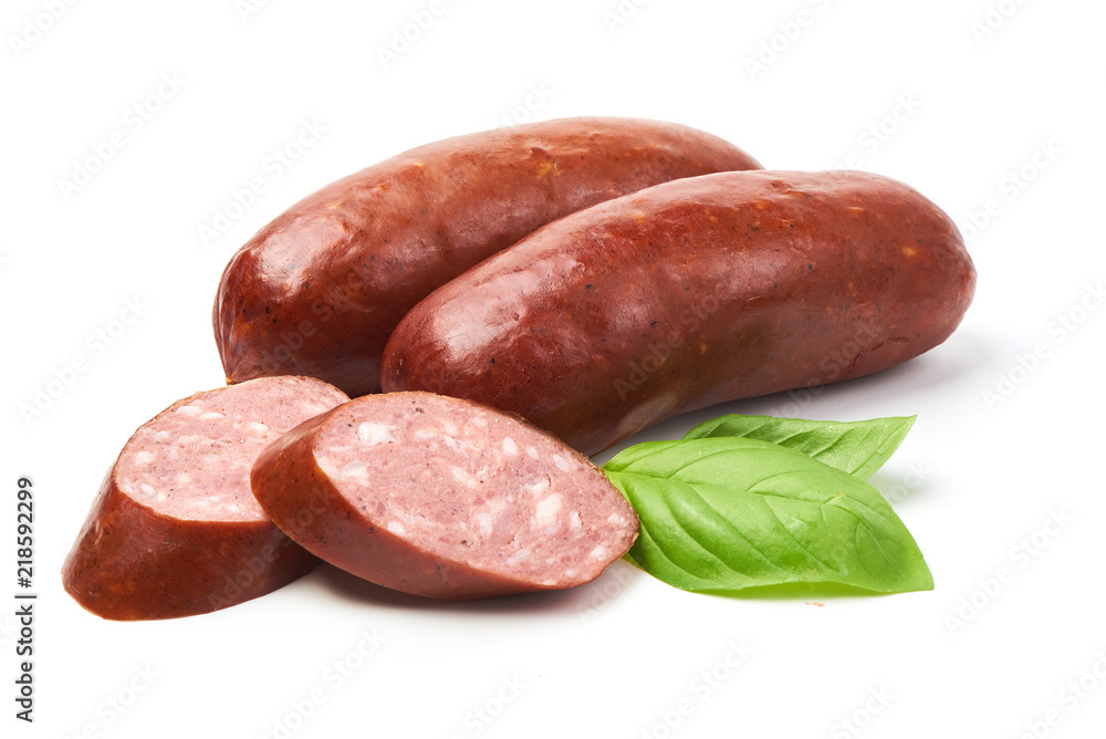 Grill sausages with basil herb, isolated on white background. Grill sausages with basil herb, isolated on white background.