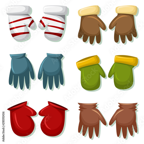 Winter gloves and mittens set for men and women. Vector cartoon icons isolated on white background. Clothes for cold weather.