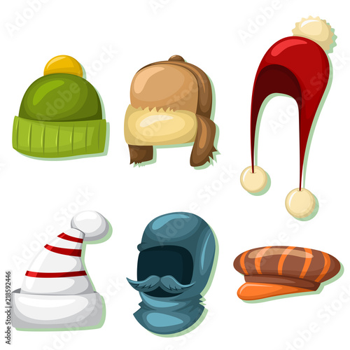 Winter hats and caps set for men and women. Vector cartoon icons isolated on white background. Clothes for cold weather.