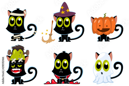 Black cats in carnival costumes set: zombies, ghost, pumpkin, vampire, witch and mummy. Vector cartoon character of cute pets for Halloween isolated on white background.