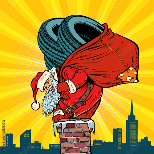 car winter tires. Santa Claus with gifts climbs into the chimney