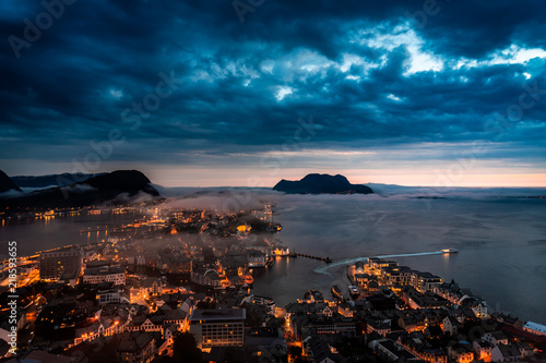 Aalesund skyline at nighttime in twilight dusk