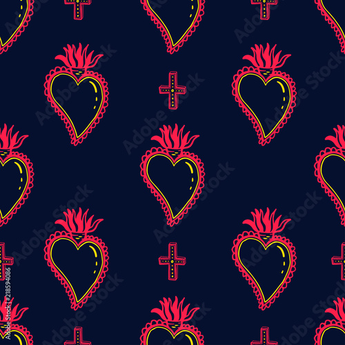 Seamless pattern with magical pattern. Mystical icon heart. cross hand drawn print. Vector illustration for Halloween.