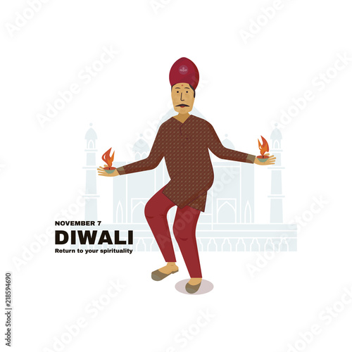 Indian man are dancing with cup of flame in traditional style.