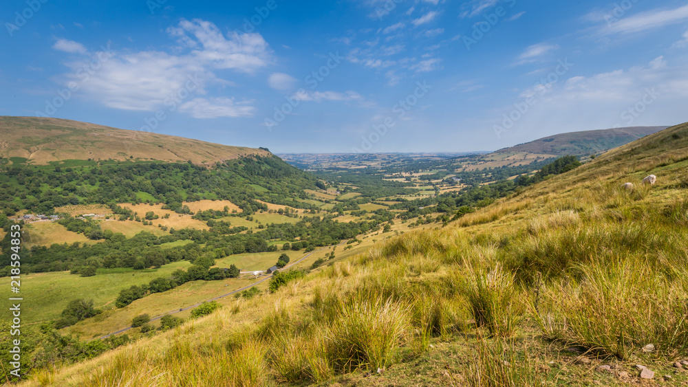 Fototapeta premium Typical landscape of Brecon Beacons National Park with mountians, trees and hedges along the small roads.