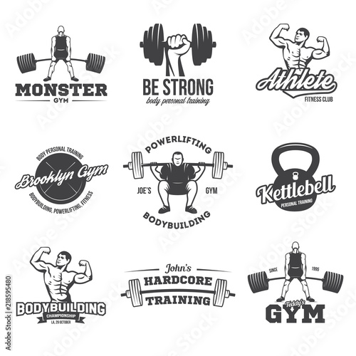 Bodybuilding, powerlifting, kettlebell, workout logotypes signs symbols. Fitness logos emblems design elements. Sports icons and elements.