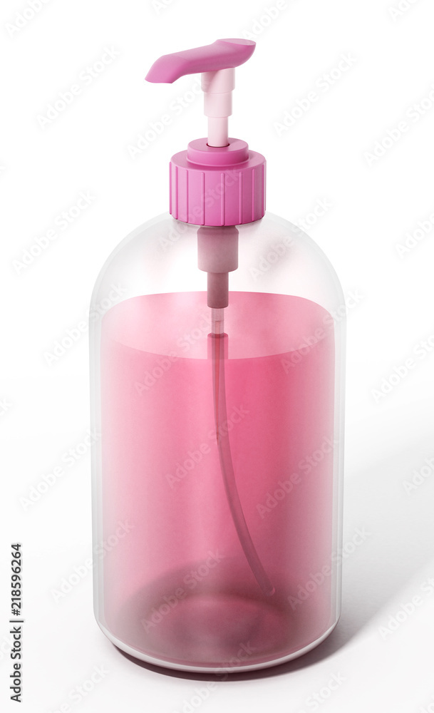 Pink and clear plastic soap bottle isolated on white background. 3D illustration Pink and clear plastic soap bottle isolated on white background. 3D illustration