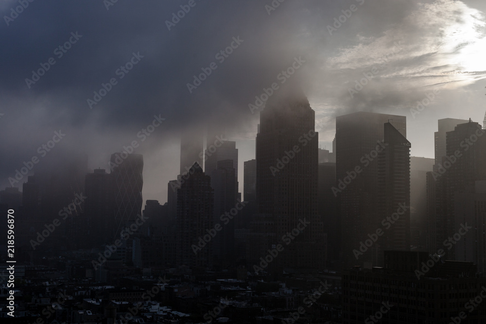 Skyline of hells kitchen new york in the summer morning with dusk