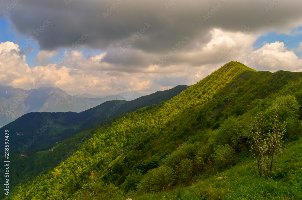 A summer day view of a green hill covered with green grass and trees with clouds making shadows over it A summer day view of a green hill covered with green grass and trees with clouds making shadows over it