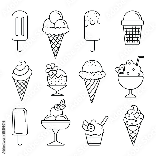 Ice cream related icons: thin monochrome icon set, black and white kit