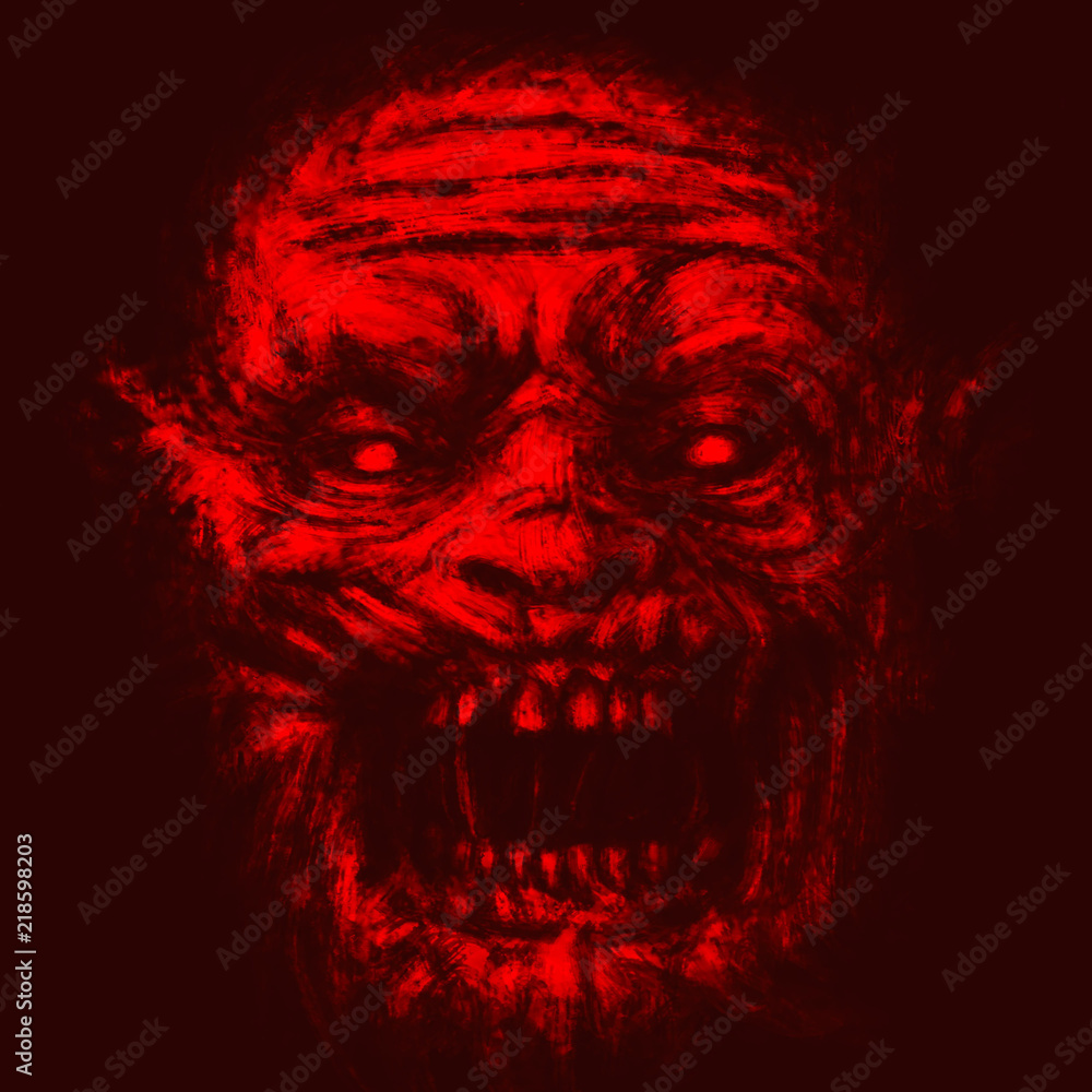 Scary zombie face. Red color.