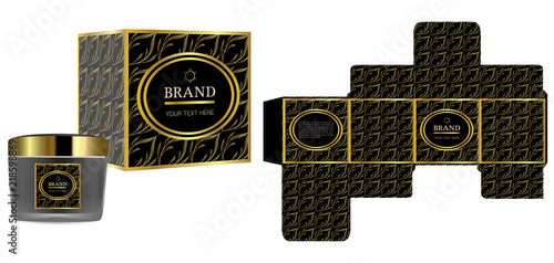 Packaging design, Label on cosmetic container with black and gold luxury box template and mockup box. illustration vector.