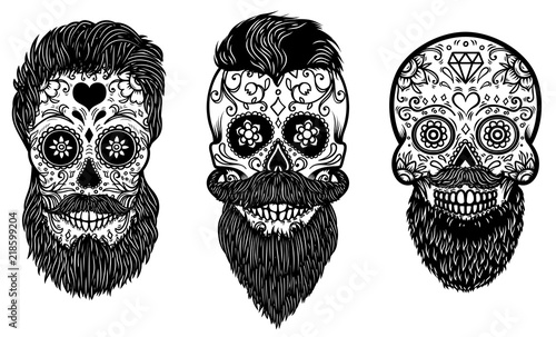 Set of bearded mexican sugar skulls with pattern. DAY OF THE DEAD. Design element for poster, greeting card, banner, t shirt, flyer, emblem.