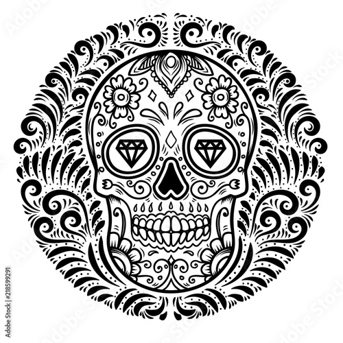 mexican sugar skulls with floral pattern background. DAY OF THE DEAD. Design element for poster, greeting card, banner, t shirt, flyer, emblem.
