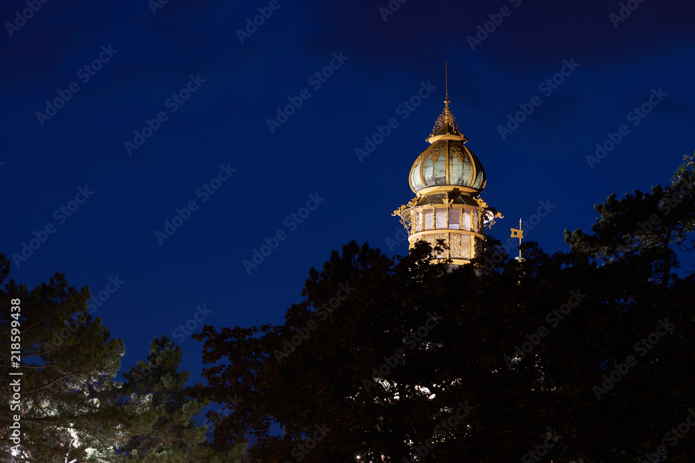  Night Picture on the historical park architecture, wooden pavilion or summer residence with tower in Prague, capitol of Czech Republic in europe.