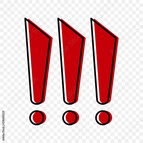 Three red exclamation marks in cartoon style. Vector illustration on a transparent background