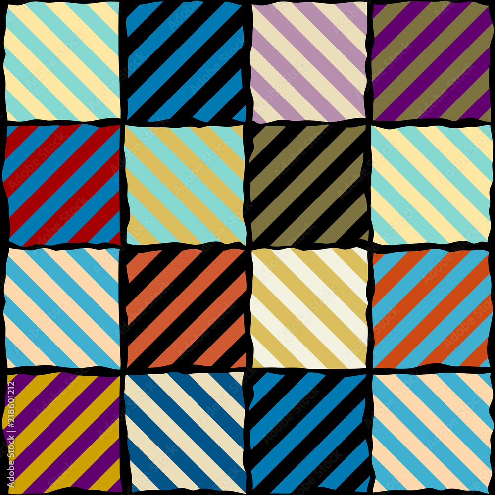 Seamless geometric pattern. Diagonal strips pattern in a patchwork collage style. Vector image. Seamless geometric pattern. Diagonal strips pattern in a patchwork collage style. Vector image.