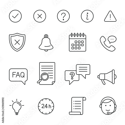 Information and notification related icons: thin vector icon set, black and white kit