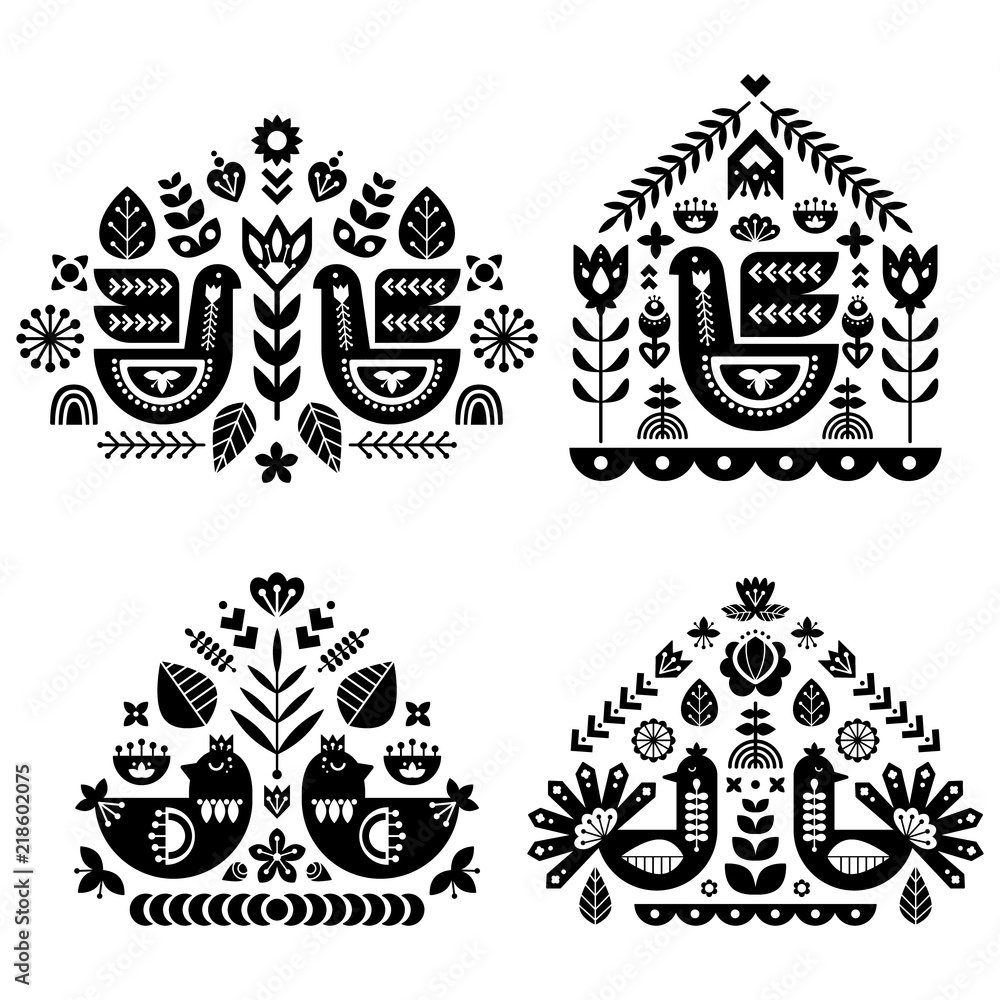 Folk art pattern collection with four single pattern. Monochrome decorative  composition with bird and floral elements. Nordic style. Vector design  templates set. Stock Vector | Adobe Stock