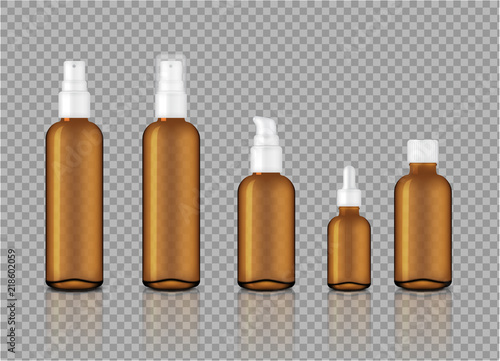 Mock up Realistic Glossy Amber Transparent Glass Cosmetic Soap, Shampoo, Cream, Oil Dropper and Spray Bottles Set for Skincare Product Background Illustration