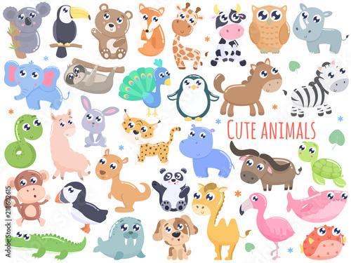 Big set of cute cartoon animals  vector illustration. Flat design.