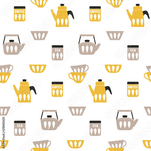 Cooking repetitive background for kitchen. Vector seamless  coffee and tea pattern for kitchen fabrics, napkins, wrapping paper.