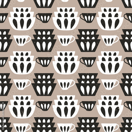 Cooking repetitive background for kitchen. Vector seamless pattern with plates and cups for kitchen fabrics, napkins, wrapping paper.