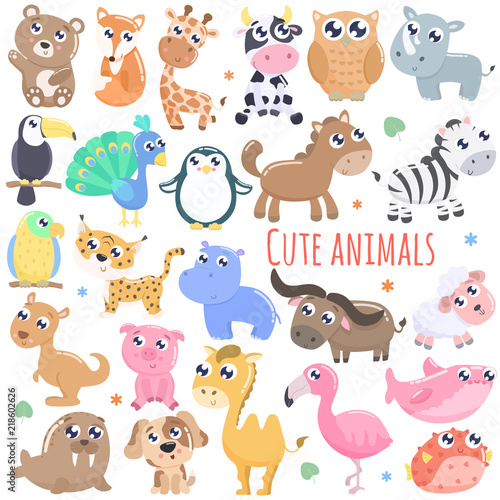Big set of cute cartoon animals vector illustration. Flat design.