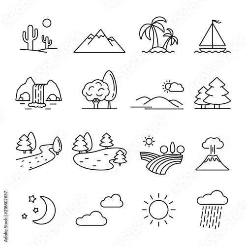 Landscape related icons: thin vector icon set, black and white kit