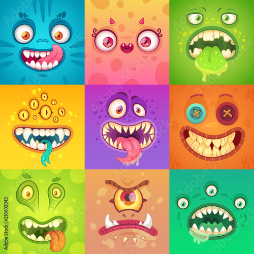 Funny halloween monsters. Cute and scary monster face with eyes and mouth. Strange creature mascot character vector illustration set