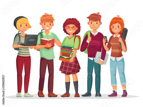 Teenagers students group. Young teens highschool student friends learning together. Teenager with school backpack vector illustration