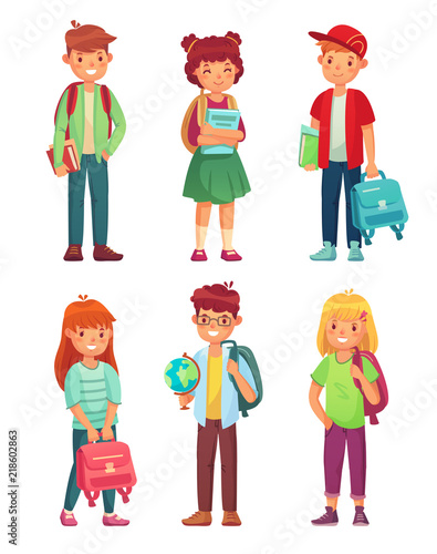High school students. Kids pupils with globe, books and backpack. Schools boy and girl pupil characters vector set