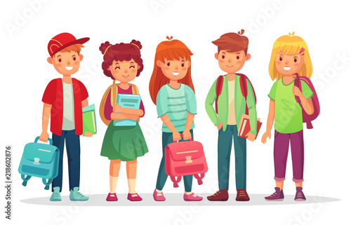 Group teen pupils. School boys and girls teens students with backpack and books. Kids pupil learning together vector illustration