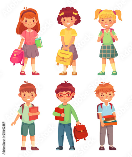 Primary school kids. Cartoon children pupils with backpack and books. Happy boy and girl pupil in schools uniform vector set