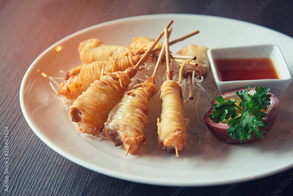 Deep Fried Wrapped Shrimp with Longevity Noodles Deep Fried Wrapped Shrimp with Longevity Noodles