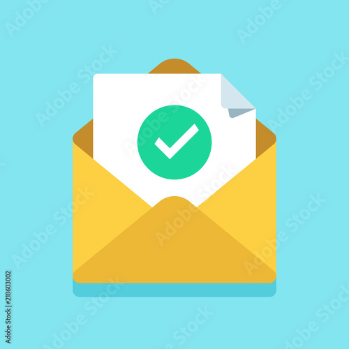 Check mark document in mail envelope. Approved tick marker, accepted or checked on letter. Confirmation email message vector icon