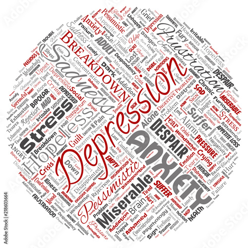 Vector conceptual depression or mental emotional disorder problem round circle red word cloud isolated background. Collage of anxiety sadness, negative sad, despair, unhappy, frustration symptom