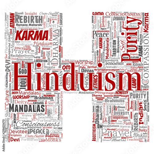 Vector conceptual hinduism, shiva, rama, yoga letter font H red word cloud isolated background. Collage of mandalas, samsara, celebration, tradition, peace, compassion, rebirth, karma, dharma concept