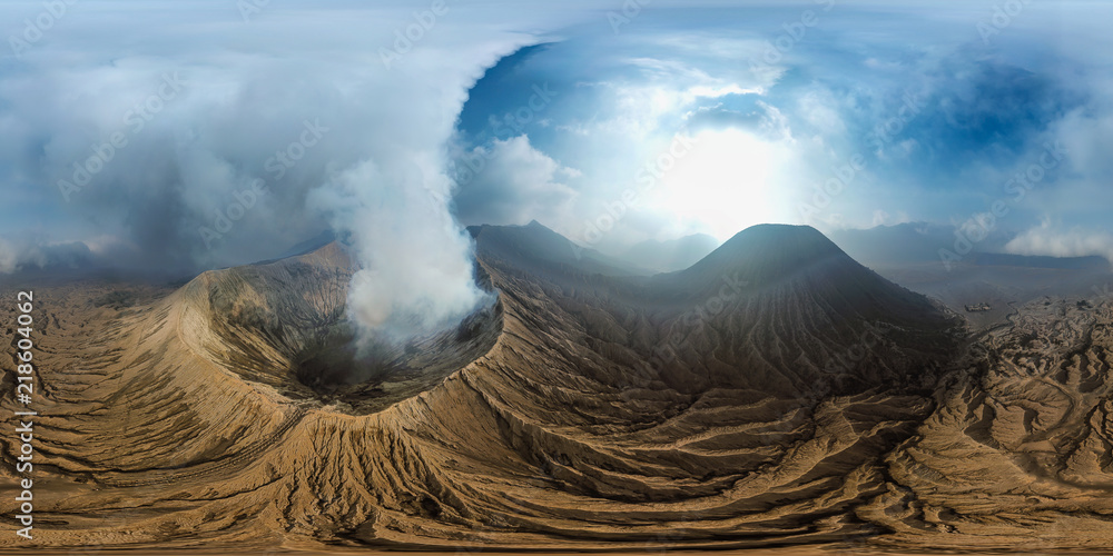 Bromo Volcano Landmark Nature Travel Place of Indonesia (Full VR 360 Degree Aerial Panorama Seamless)