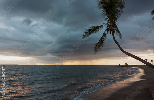Sunset of tropical beach with palm tree and storm clouds behind, Fiji 