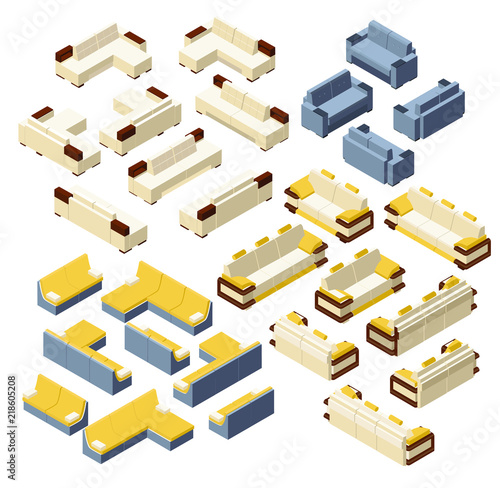 a set of sofas  in different styles for the interior. isometric 3d