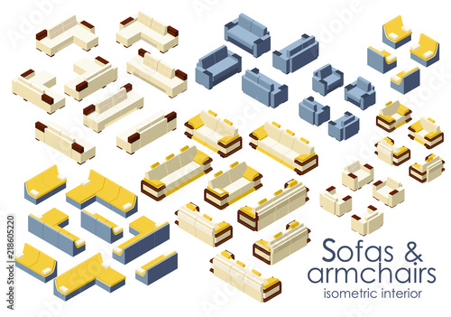 a set of sofas  and armchairs in different styles for the interior. isometric 3d